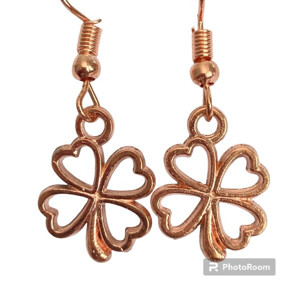 Shamrock Earrings Rose Gold Plated Irish 4 Leaf Clover Luck Celtic St. Patricks - Picture 1 of 7